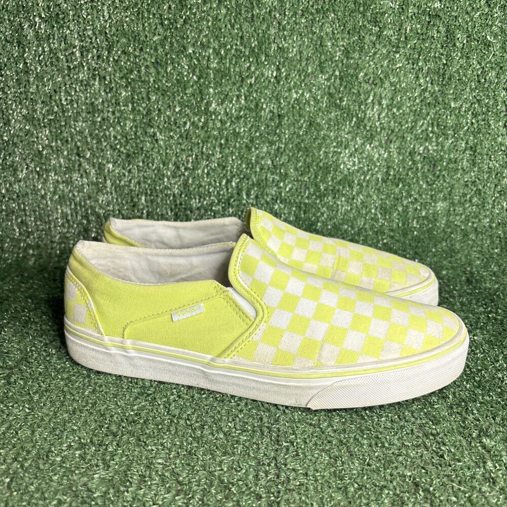 Vans Slip On Womens 10 Neon Green White Checkerboard Canvas Skate Shoes Classic